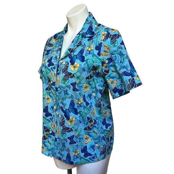 Y2K Women's Whimsical Butterflies Print Button Down Shirt Blue Yellow Small - Picture 3 of 8